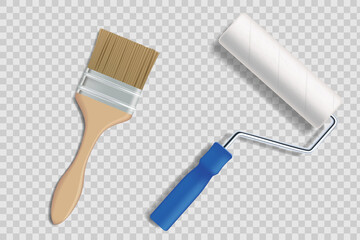 Paint roller and brush tools on a transparent background