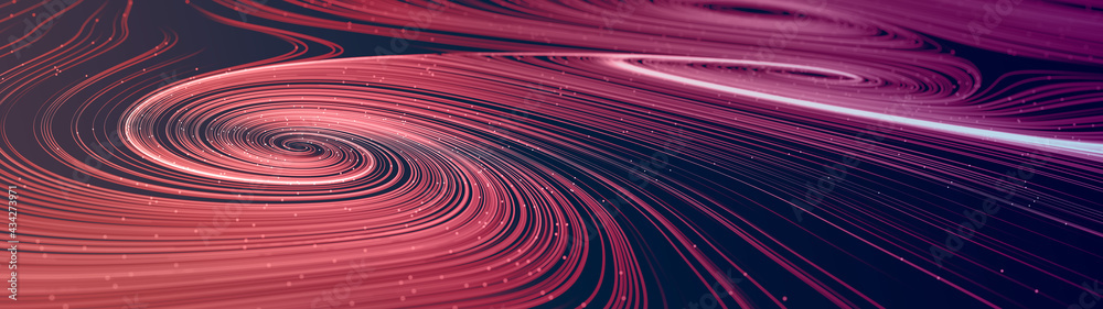 Fototapete Abstract modern ultra wide background with smooth swirl lines creating vortex structures in a complex data stream. 3D rendering.