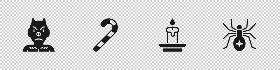 Fototapeta premium Set Krampus, heck, Christmas candy cane, Burning candle and Spider icon. Vector