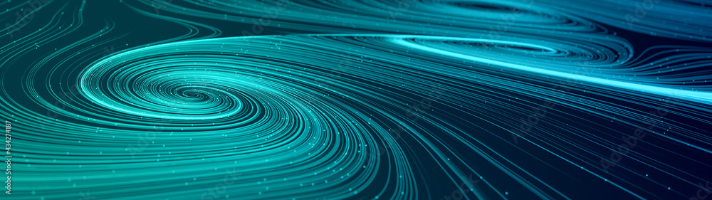 Poster Abstract modern ultra wide background with smooth swirl lines creating vortex structures in a complex data stream. 3D rendering.