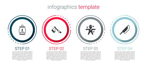 Set Camping lantern, Wooden axe, Voodoo doll and Knife. Business infographic template. Vector