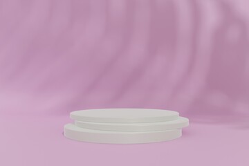 Blank white product podium pedestal, isolated on minimalism abstract pink pastel background with shadow. 3D illustration