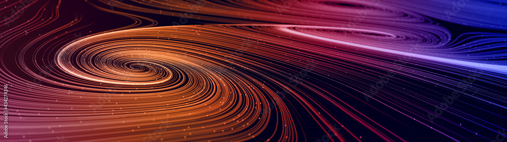 Poster Abstract modern ultra wide background with smooth swirl lines creating vortex structures in a complex data stream. 3D rendering.