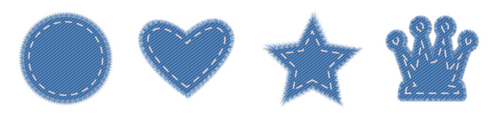 Denim crown and star design. Jeans canvas set in heart and round shape for label and sale tags. © Mariia