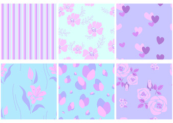Set of abstract vector seamless patterns with abstract
 and geometric shapes, decorative flowers and elements. For scrapbook design, wallpapers, textiles, backgrounds, paper, cards and greetings. 
