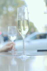white wine glass in an outdoor cafe, spring view in a restaurant