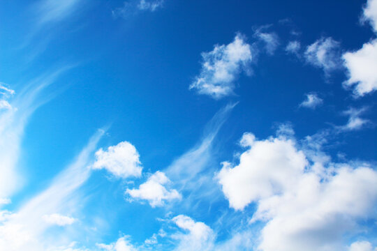 Beautiful blue sky and white cirrocumulus clouds. Background. Scenery. Texture.