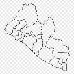 Blank map of Liberia. Provinces of Liberia map. High detailed vector map  Republic of Liberia on transparent background for your web site design, logo, app, UI.  EPS10. 