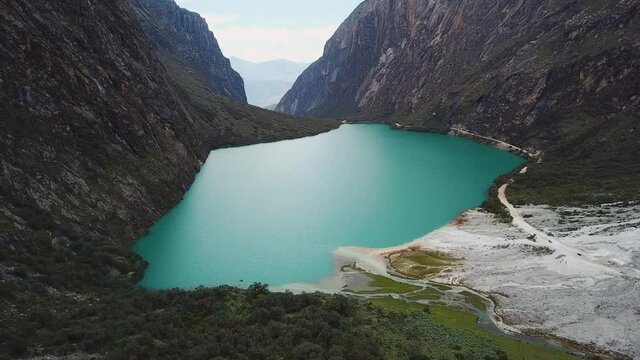 Pristine Blue Llanganuco Lakes, Huascaran National Park, Peru - Aerial