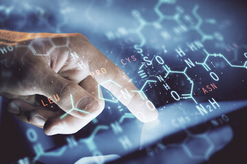 Double exposure of man's hands holding and using a phone and formulas drawing. Education concept.