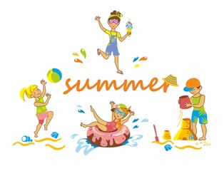 Summer vacation kids beach party sea family holiday vector set