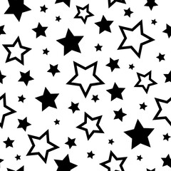 Seamless cute pattern with black stars on white background.