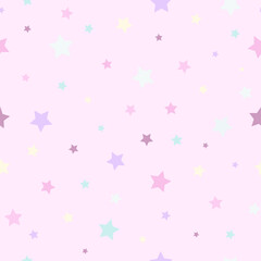 Seamless cute pattern with pink, yellow and green stars on pastel pink background.