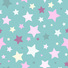 Seamless cute pattern with pink, yellow and green stars on pastel blue background.