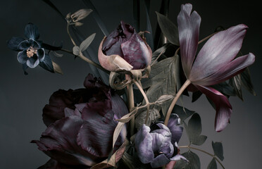 Peonies and tulips on a dark background,  bouquet, dark floral wallpaper..