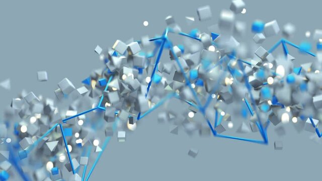 Wireframe and stream of flying white and blue objects. Seamless loop 3D render animation with shallow depth of field
