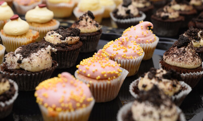 Delicious cupcakes on market shelf ready to eat variations of cakes. Horizontal high angle view of frosted cupcakes. Depth of field on purpose.