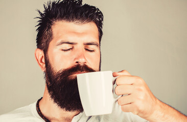 Morning concept. Handsome bearded male holds cup of coffee, tea. Smiling hipster man with cup of fresh coffee. Bearded man smiling