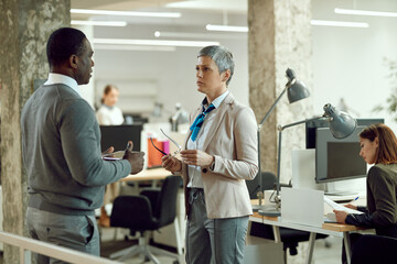 Fototapeta premium Female executive director listening to African American businessman during the conversation in the office.