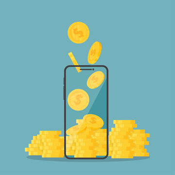 Vector money cash back finance banner with smartphone. Flying goden doolar coins pile. Cash back application ocncept.
