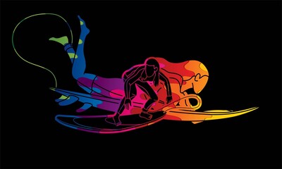 Surfing Sport Surfer Woman Players Action Cartoon Graphic Vector