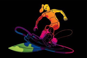 Surfing Sport Surfer Woman Players Action Cartoon Graphic Vector