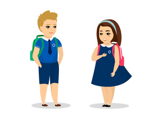 Schoolboy and schoolgirl stand in blue uniform. Cute cartoon smiling male and female schoolchild with schoolbag. Schoolkid boy and happy pupil girl. Classmates back to school vector illustration