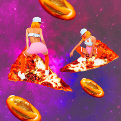 Contemporary digital collage art. Girl back in 90s. Pop zine minimal culture. Fashion Lady in space on pizza