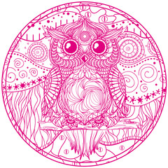 Mandala with owl. Design Zentangle. Hand drawn abstract patterns on isolation background. Design for spiritual relaxation for adults. Line art creation. Zen art. Decorative style