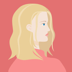  Portrait of a blond haired caucasian woman with blue eyes in pink sweter. The head of a European girl in profile. Social Media Avatar. Vector Flat Illustration