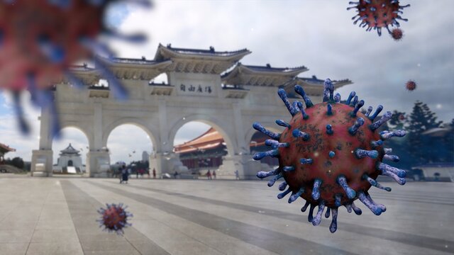 3D illustration. Taipei paifang memorial hall and coronaviruses pandemic. Covid