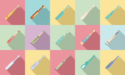 Electric toothbrush icons set, flat style