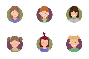 Set of cute little girls cartoon avatar-character face in a circle, flat vector illustration isolated on a white background.