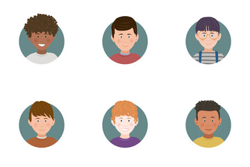 Set of cute little boys cartoon avatar-character face in a circle, flat vector illustration isolated on a white background.