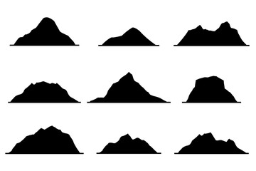 A set of silhouettes of elements of mountains and mountain peaks, vector icons isolated on a white background.