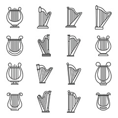 Harp instrument icons set, outline style
