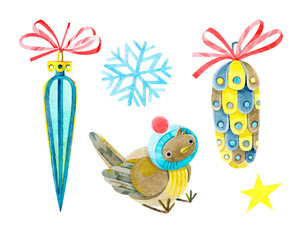 A set of Christmas tree toys. A cute sparrow in a knitted hat, a blue snowflake, a glass fir cone, icicle with a bow. Watercolor hand-drawn illustrations isolated on a white. For postcard, sticker.