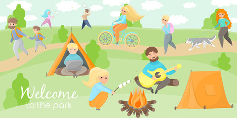 Public natural park or camping concept illustration, Many people, doing different outdoor activities. Walking with dog, biking, sitting near fire, singing songs with guitar, playing badminton, working