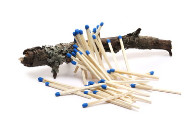 Fire matches, matchsticks with blue tips and dry tree branch, twig isolated on white background
