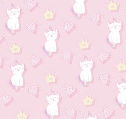 Seamless Pattern - caticorn, crown and diamonds