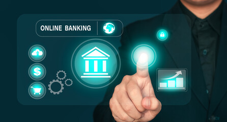 businessman touching interface of online banking, e-commerge concept, online banking concept.