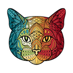 Patterned colorful cat, kitten head. Abstract ethnic colorful cat face in ornamental style. Logo. Head leopard, lion, cheetah. Drawn by hand. Cartoon style illustration. Boho, Doodle, Zentangle