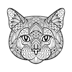 Patterned black and white cat, kitten head. Abstract ethnic monochrome cat face in ornamental style. Logo. Head leopard, lion, cheetah. Drawn by hand. Cartoon style illustration. Doodle, Zentangle