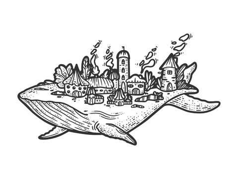 City On Back Of Whale Sketch Raster Illustration