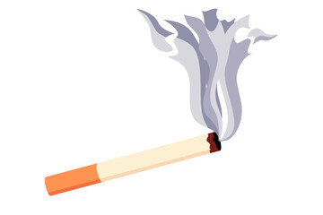 Burning paper filtered cigarette with tobacco smoke illustration. White background. Smoking concept. Vector.
