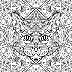 Patterned cat, kitty head in the zentangle style of a white background passing. Tribal ornament painted by hand. Coloring Cat. Series ethnic animals. African, Indian. Mandala. Ornament. 