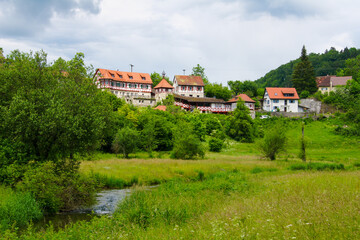 Fototapeta na wymiar Beautiful view of the ancient village of Gundelfingen, Germany with many old half-timbered houses. The village is located in the UNESCO Biosphere Reserve.