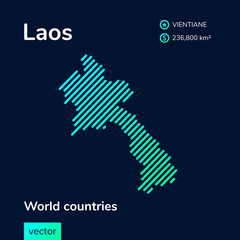 Vector creative digital neon flat line art abstract simple map of Laos with green, mint, turquoise striped texture  on dark blue background. Educational banner, poster about Laos  