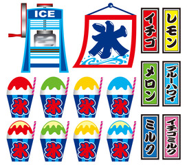 かき氷のアイコンセット。日本の夏祭り。