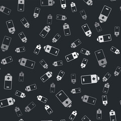 Grey Battery icon isolated seamless pattern on black background. Lightning bolt symbol. Vector